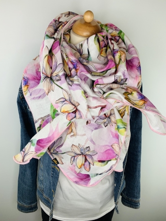 LEINEN Schal mit lila, rosa und grünen LilienPrint im Large Fashion Style